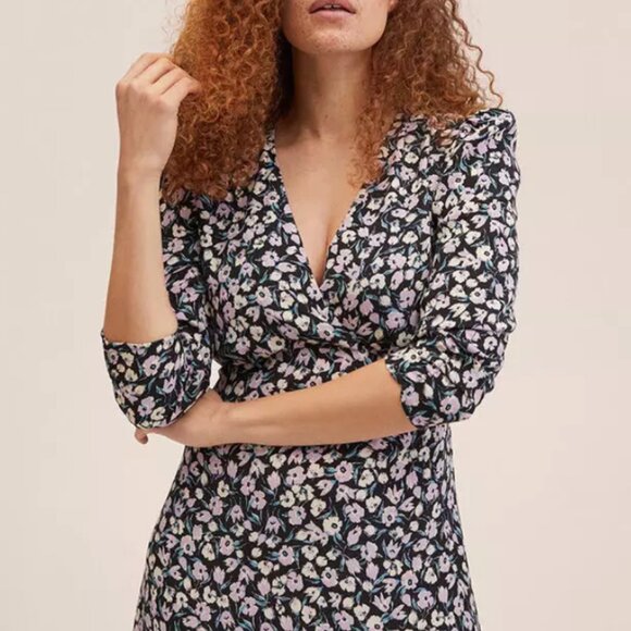 Mango Purple Black Floral Print Long Dress, 3/4 sleeves size L - Picture 1 of 5